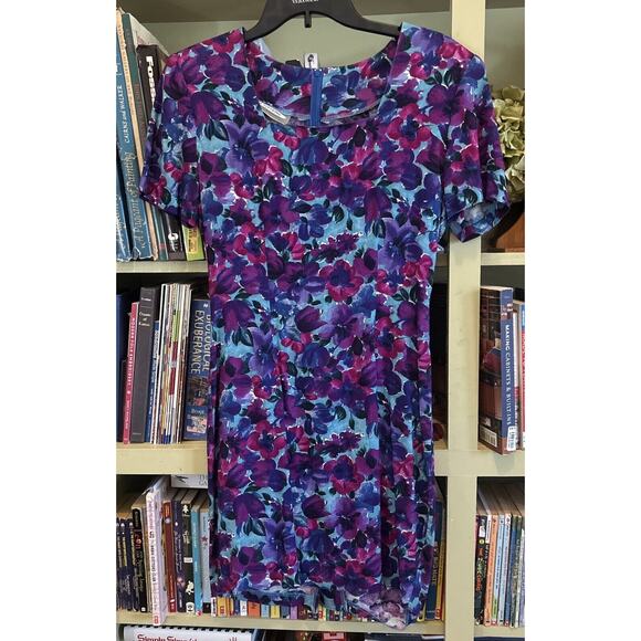 CK Editions Dress Vintage Floral Purple Small 9 Blue Bodycon Vintage Short - Picture 1 of 6